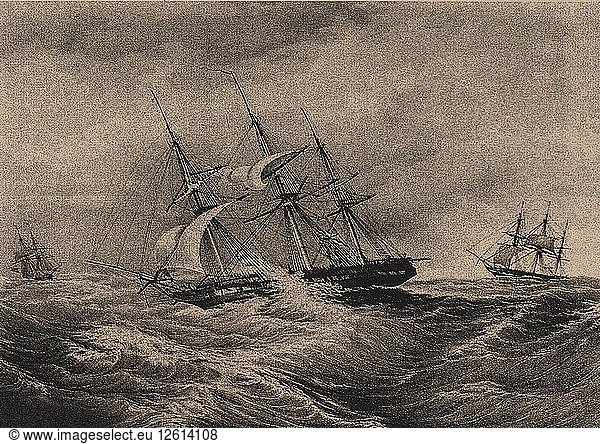 The frigate Kreiser and the sloop Ladoga at the coast of America 1823  1900s-1910s. Artist: Anonymous