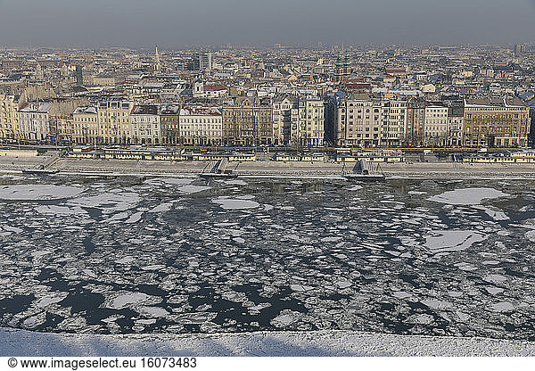 The frozen Danube in winter  Budapest  Hungary.