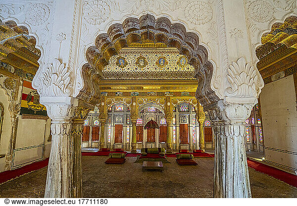 The gold walls and inlaid jewels of the richly gilded Phool Mahal in Mehrangarh Fort; Jodhpur  Rajasthan  India
