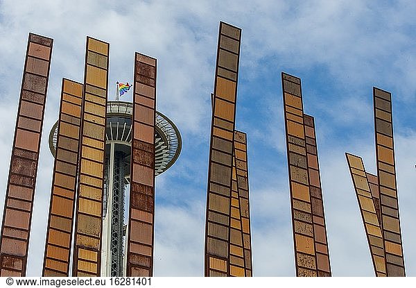 The Grass Blades sculpture by artist John Fleming with the Space Needle at the Seattle Center in Seattle  Washington State  USA.