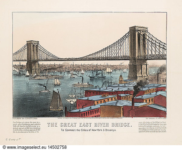 The Great East River Bridge  to Connect the Cities of New York & Brooklyn  Hand-Colored Lithograph  Currier & Ives  1872