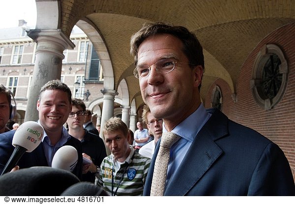 The Hague  July 22nd  2010  The chairman of the liberal party and the prime minister to be  Mr Mark Rutte  is giving a press conference  after having a conversation with the formationteam for the new cabinet or national government