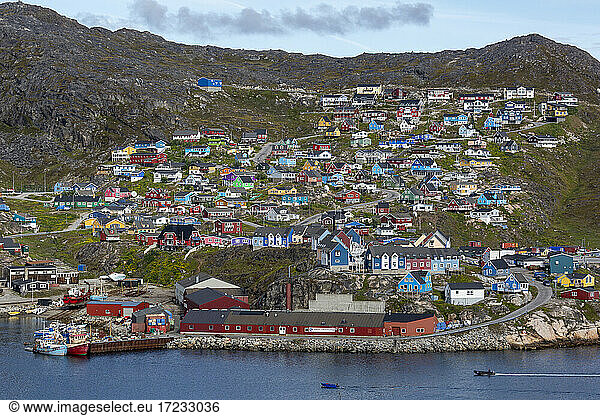 The harbor in the small Greenlandic village of Qaqortoq  formerly Julianehab  in southern Greenland  Polar Regions