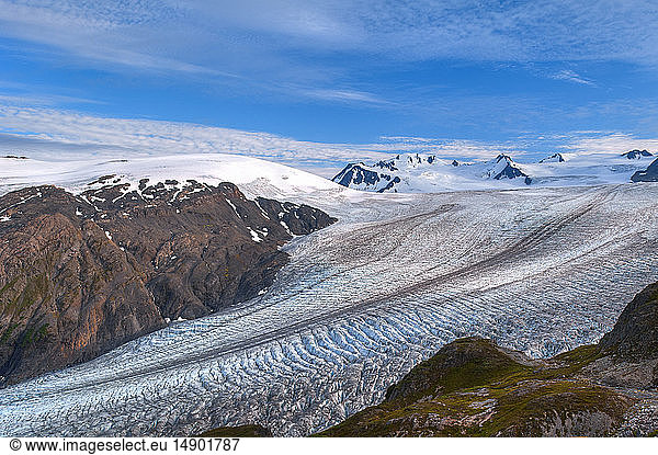 The Harding Icefield Trail in the Kenai Mountains with Exit Glacier in the background  Kenai Fjords National Park  Kenai Peninsula  South-central Alaska; Alaska  United States of America