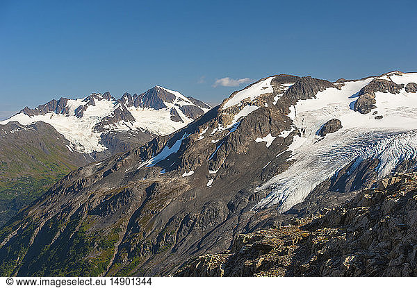 The Harding Icefield Trail with the Kenai Mountains and an unnamed hanging glacier in the background  Kenai Fjords National Park  Kenai Peninsula  South-central Alaska; Alaska  United States of America