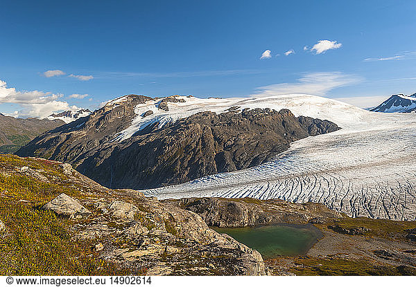 The Harding Icefield Trail with the Kenai Mountains  Exit Glacier  and an unnamed lake in the background  Kenai Fjords National Park  Kenai Peninsula  South-central Alaska; Alaska  United States of America