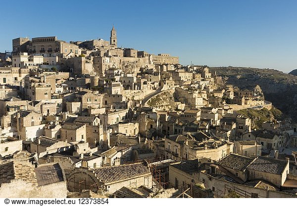 The historical center called Sassi perched on rocks on top of hill Matera Matera province Basilicata Italy.