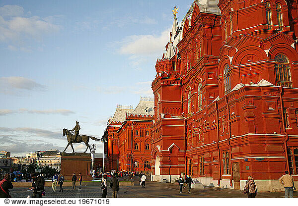 The Historical museum at Manezhnaya Square with the Statue of Marshal Georgy Zhukov  Moscow  Russia.