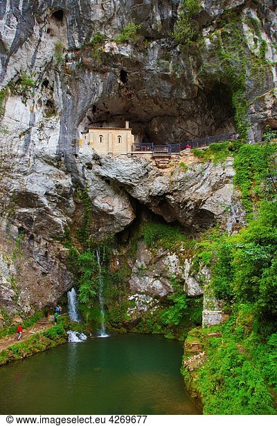 The Holy Cave where is the sculpture of Covadonga Virgin. Cangas de Onis. Council. Oriente region. Picos de Europa. Asturias. Spain.