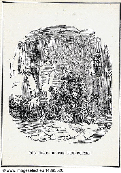 The Home of the Rick-Burner": Cartoon by John Leech from "Punch"  London  February 1844  showing the poverty-stricken living conditions of the agricultural labourer. Low wages and fear of unemployment due to introduction of farm machinery forced men to turn to rick burning and machine breaking.