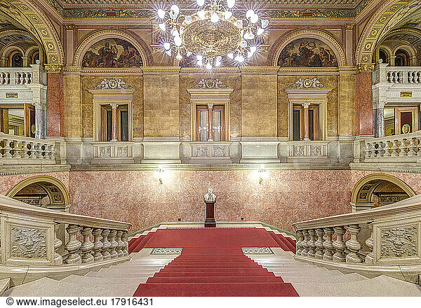 The Hungarian State Opera House  built in the 1880s  interior double staircase with a red carpet.