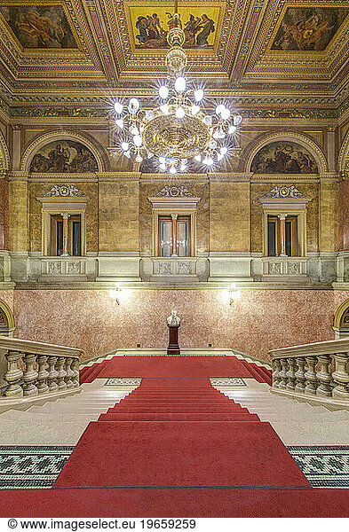 The Hungarian State Opera House  built in the 1880s  interior double staircase with a red carpet.