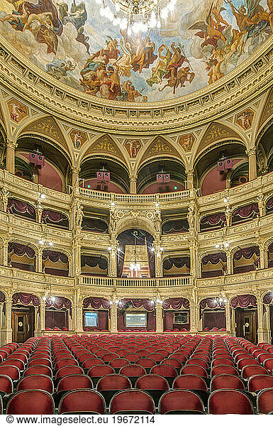 The Hungarian State Opera House  built in the 1880s  interior of the auditorium with galleries of private boxes and red tiered seats.