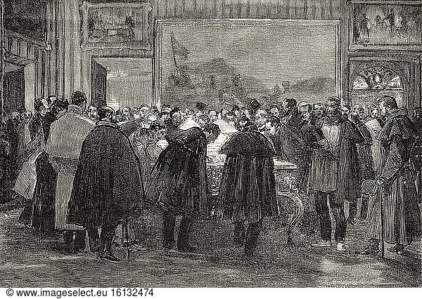 The illness of King Alfonso XIII  with three and a half years of age  begins to worry  people who come to the Palace to take an interest in the health of the boy King  who continues with fever  Spain. Old XIX century engraved illustration from La Ilustracion Espa?ola y Americana 1890.