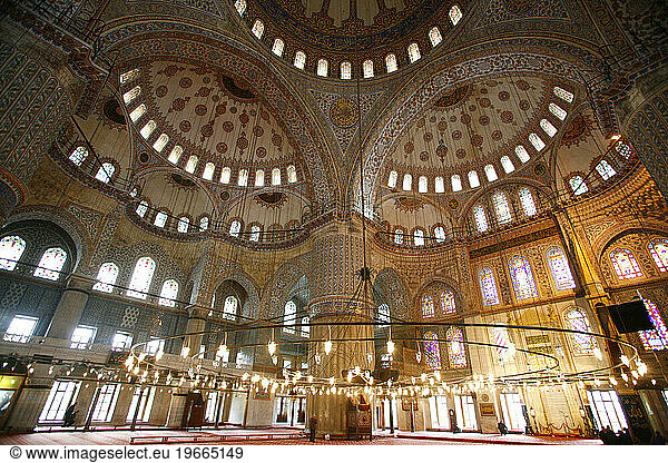 The interior of the Blue Mosque or in its Turkish name Sultan Ahmet Camii. Istanbul  Turkey.