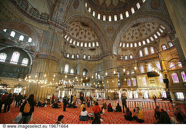 The interior of the Blue Mosque or in its Turkish name Sultan Ahmet Camii. Istanbul  Turkey.