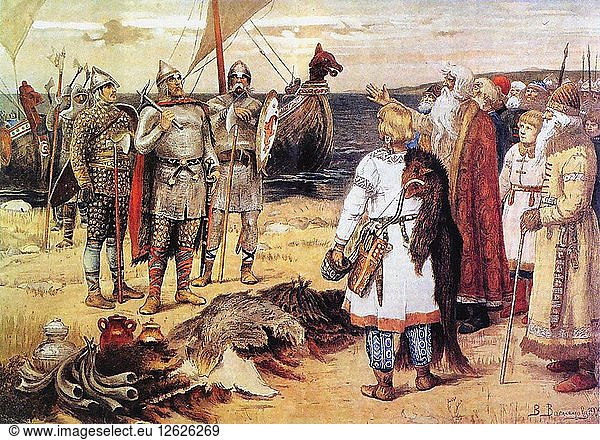 The Invitation of the Varangians: Rurik and his brothers arrive in Staraya Ladoga  before 1912. Artist: Vasnetsov  Viktor Mikhaylovich (1848-1926)