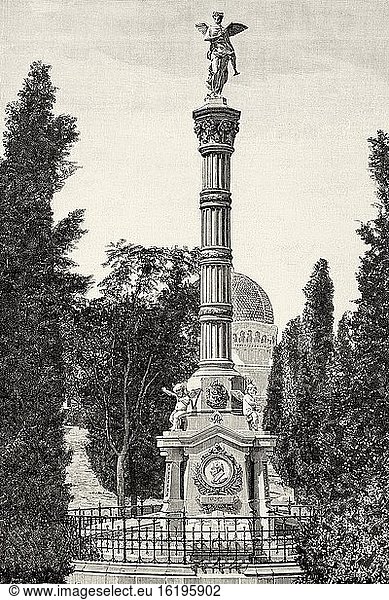 The joint mausoleum of Goya  Mel?ndez Vald?s  Donoso and Morat?n  a funerary monument located in the San Isidro cemetery in Madrid. Madrid  Spain. Old XIX century engraved illustration from La Ilustracion Espa?ola y Americana 1894.