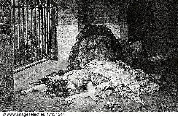 The lion bride. A lion in a cage puts his paw on an unconscious woman by Gabriel Cornelius Ritter von Max (1840-1915) was an Austrian painter born in Prague. Old 19th century engraved illustration from El Mundo Ilustrado 1879.