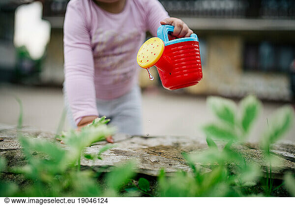 The little girl work in domestic garden