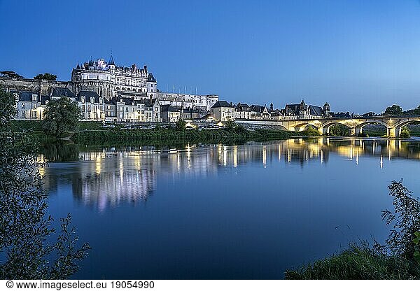 The Loire and Amboise Castle at dusk  Amboise  France  Europe