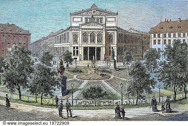 The Münchner Volkstheater is a theatre in Munich  Bavaria  Germany  reproduction of an image  woodcut from the year 1881  digitally improved  historical  Muenchner Volkstheater is a theatre in Munich  Bavaria  reproduction of an image  woodcut from the year 1881  digitally improved  historical  Europe