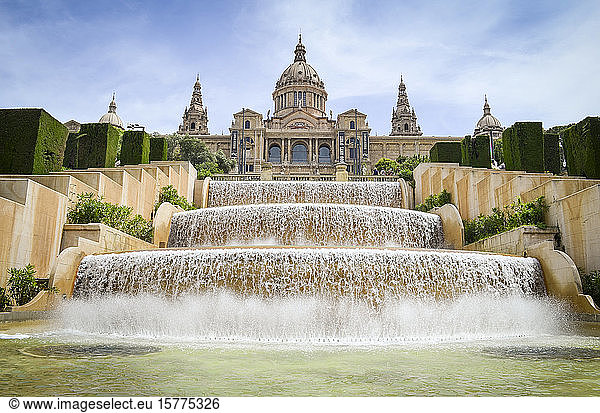 The magic fountain of MontjuÃ¯c with the Museu Nacional d'Art de Catalunya in the background  Barcelona  Catalonia  Spain.