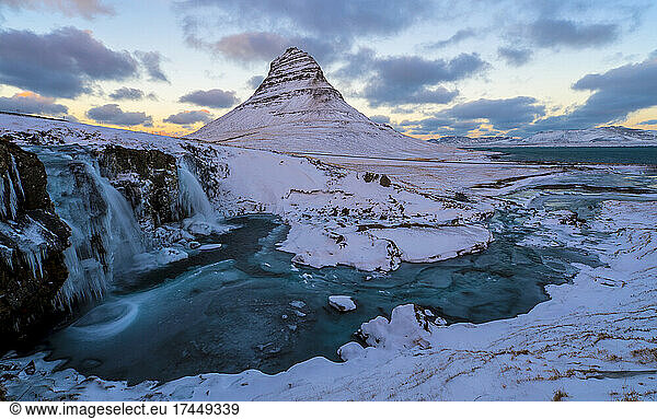the majestic mountain Kirkjufell in the west of Iceland