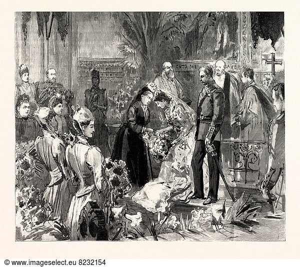 THE MARRIAGE OF MISS PONSONBY AT THE GUARDS' CHAPEL WELLINGTON BARRACKS: HER MAJESTY CONGRATULATING THE BRIDE AFTER THE CEREMONY