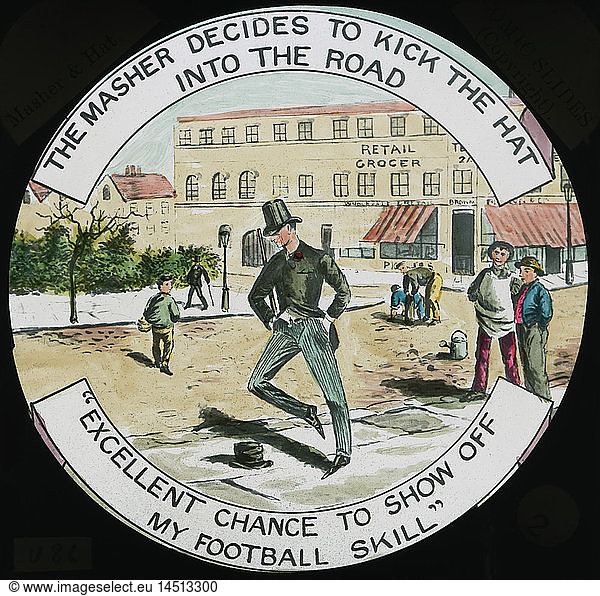 The Masher Decides to Kick the Hat into the Road  Excellent Chance to Show off my Football Skill  Hand-Colored Magic Lantern Slide  Newton & Company  1910