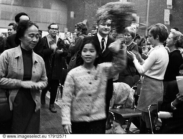 The massacre by the US military in My Lai  Vietnam  in 1968 caused a worldwide outrage  including in Germany. One of the few survivors was Vo Thi Lien (12 years old)  who travelled to Germany. Here at a peace movement rally in Düsseldorf in 1968. Vo Thi Lien (12 y. survivor of the massacre) M  Germany  Asia