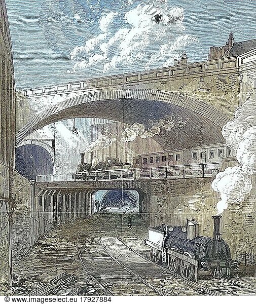 The Metropolitan Railway in 1869  railway  here Farringdon station in London  England  Historic  digitally restored reproduction of a 19th century original  exact original date unknown