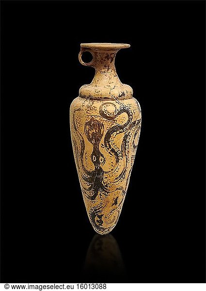 The Minoan decorated conical rhython with Marine style stylised octopus design  Palaikastro 1500-1450 BC  Heraklion Archaeological Museum  black background.
