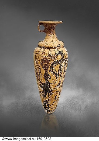 The Minoan decorated conical rhython with Marine style stylised octopus design  Palaikastro 1500-1450 BC  Heraklion Archaeological Museum  grey background.