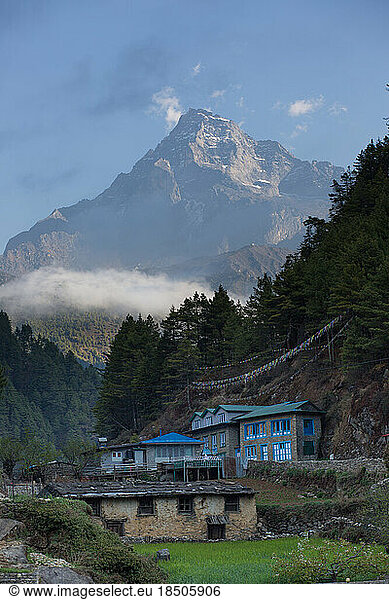The mountain above Namche Bazaar sits above a Sherpa village.