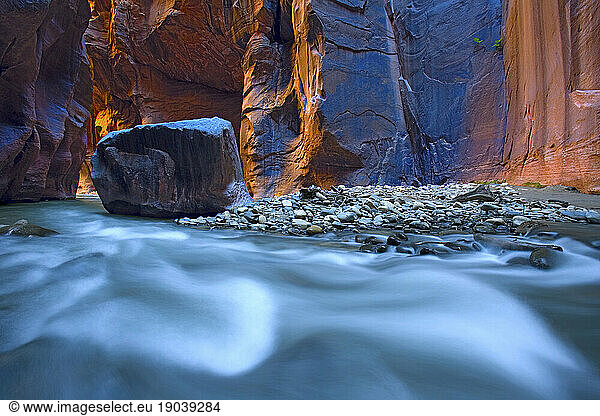 The Narrows  miles long of a steep slot canyon located in Zion National Park in southern Utah  is a favorite hike among visitors; Fall 2009.