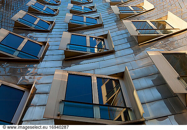 The Neuer Zollhof building by Frank Gehry at the Medienhafen or Media Harbour  Dusseldorf  Germany.