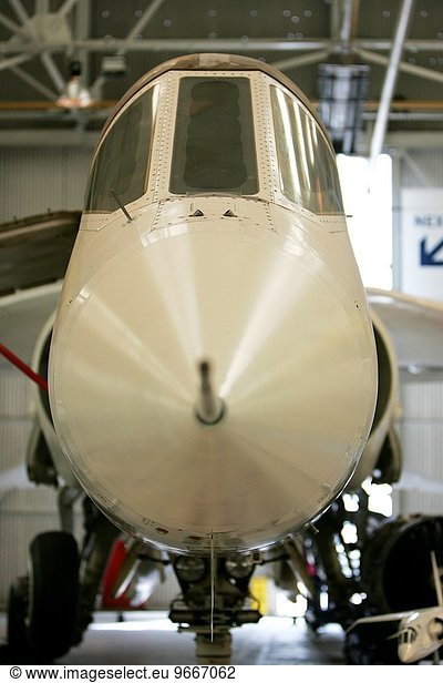 the nose section of a TSR-2 prototype jet bomber aircraft at the Imperial War Museum  RAF Cosford Shropshire Britain.