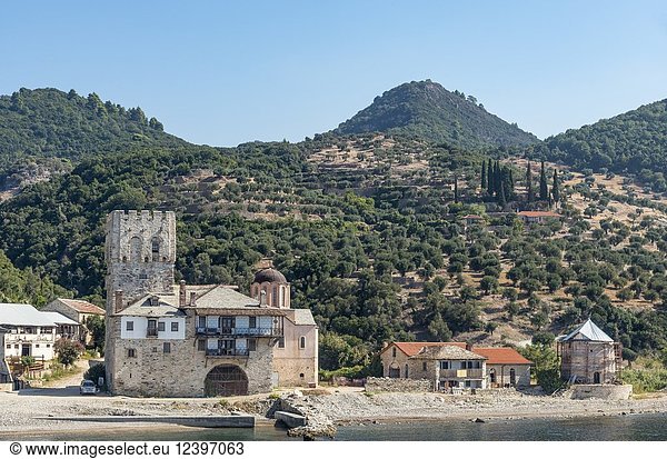 The old tower at the landing point for Zografou Monastery on the Southwest coast of the Athos peninsula  Macedonia  Northern Greece.