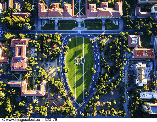The Oval  aerial view of the open space in the middle of Stanford University Campus at Palo Alto.