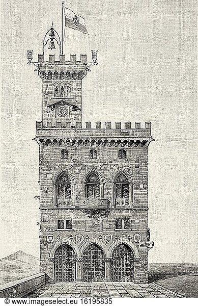 The Palazzo Pubblico is the City Hall of the City of San Marino and the official government building. Parliamentary Republic of San Marino. Old XIX century engraved illustration from La Ilustracion Espa?ola y Americana 1894.