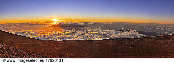 The panorama view from the summit of Haleakala at sunset in Haleakala National Park  Maui's dormant volcano; Maui  Hawaii  United States of America