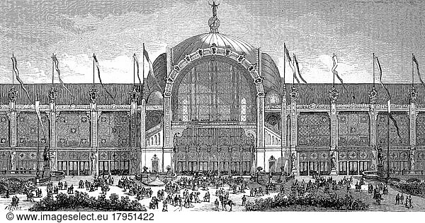 The Paris World's Fair  called Exposition Universelle in French  was held from 1 May to 10 November 1878  the Palace on the Champ de Mars  Paris  France  Historic  digitally restored reproduction of an original 19th century artwork  exact original date unknown  Europe