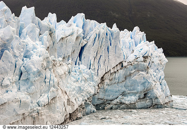 The Perito Moreno Glacier up close showing the blue ice and green water; Cafayate  Santa Cruz Province  Argentina