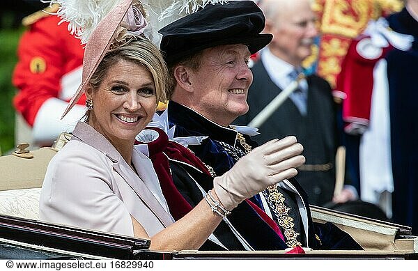 The Queen and other members of the Royal Family attend a service for the Most Noble Order of the Garter at St. Georges Chapel in Windsor Castle. The Kings of Spain and The Netherlands are also attending and being installed as Supernumary Knights of the Garter - Queen Maxima  King Willem-Alexander
