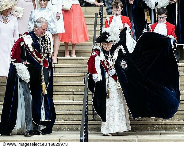 The Queen and other members of the Royal Family attend a service for the Most Noble Order of the Garter at St. Georges Chapel in Windsor Castle. The Kings of Spain and The Netherlands are also attending and being installed as Supernumary Knights of the Garter - Charles Prince of Wales  Queen Elizabth II.