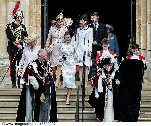 The Queen and other members of the Royal Family attend a service for the Most Noble Order of the Garter at St. Georges Chapel in Windsor Castle. The Kings of Spain and The Netherlands are also attending and being installed as Supernumary Knights of the Garter - Charles Prince of Wales  Queen Elizabth II  Queen Maxima  Queen Letitia  Catherine Duchess of Cambridge