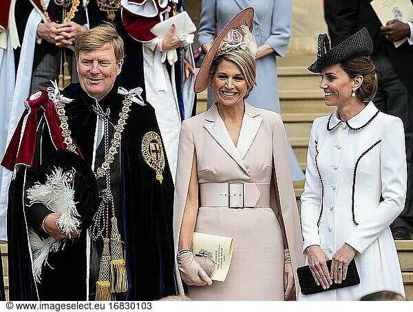 The Queen and other members of the Royal Family attend a service for the Most Noble Order of the Garter at St. Georges Chapel in Windsor Castle. The Kings of Spain and The Netherlands are also attending and being installed as Supernumary Knights of the Garter - King Willem-Alexander  Queen Maxima  Catherine Duchess of Cambridge