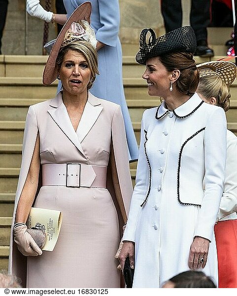 The Queen and other members of the Royal Family attend a service for the Most Noble Order of the Garter at St. Georges Chapel in Windsor Castle. The Kings of Spain and The Netherlands are also attending and being installed as Supernumary Knights of the Garter - Queen Maxima  Catherine Duchess of Cambridge