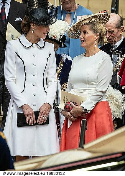 The Queen and other members of the Royal Family attend a service for the Most Noble Order of the Garter at St. Georges Chapel in Windsor Castle. The Kings of Spain and The Netherlands are also attending and being installed as Supernumary Knights of the Garter - Catherine Duchess of Cambridge  Sophie Countess of Wessex